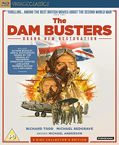 Blu-ray cover for The Dam Busters featuring airmen, a bomber plane, and British flag.