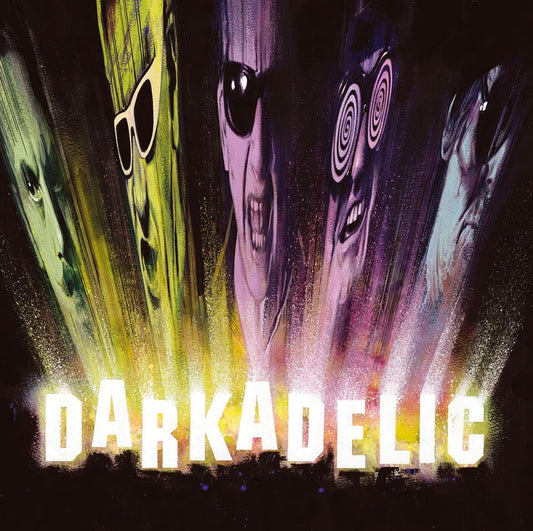 "Album cover art for 'Darkadelic' by The Damned, featuring abstract, colorful faces."