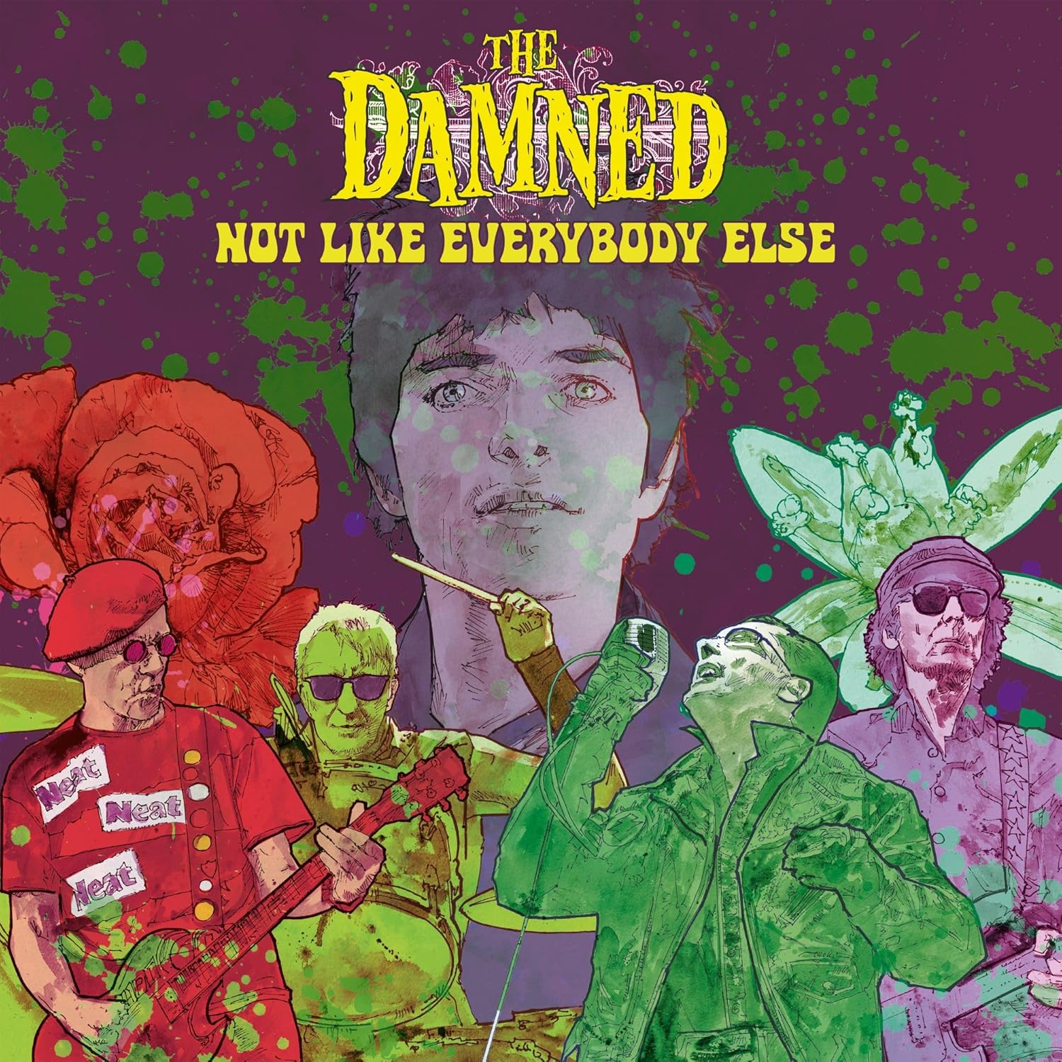 Album cover for The Damned’s “Not Like Everybody Else” with illustrated band members.