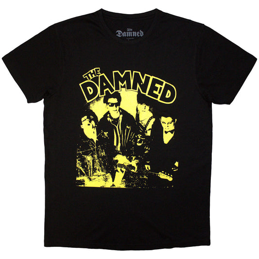 Black unisex T-shirt featuring The Damned New Rose vintage graphic print on the front.
