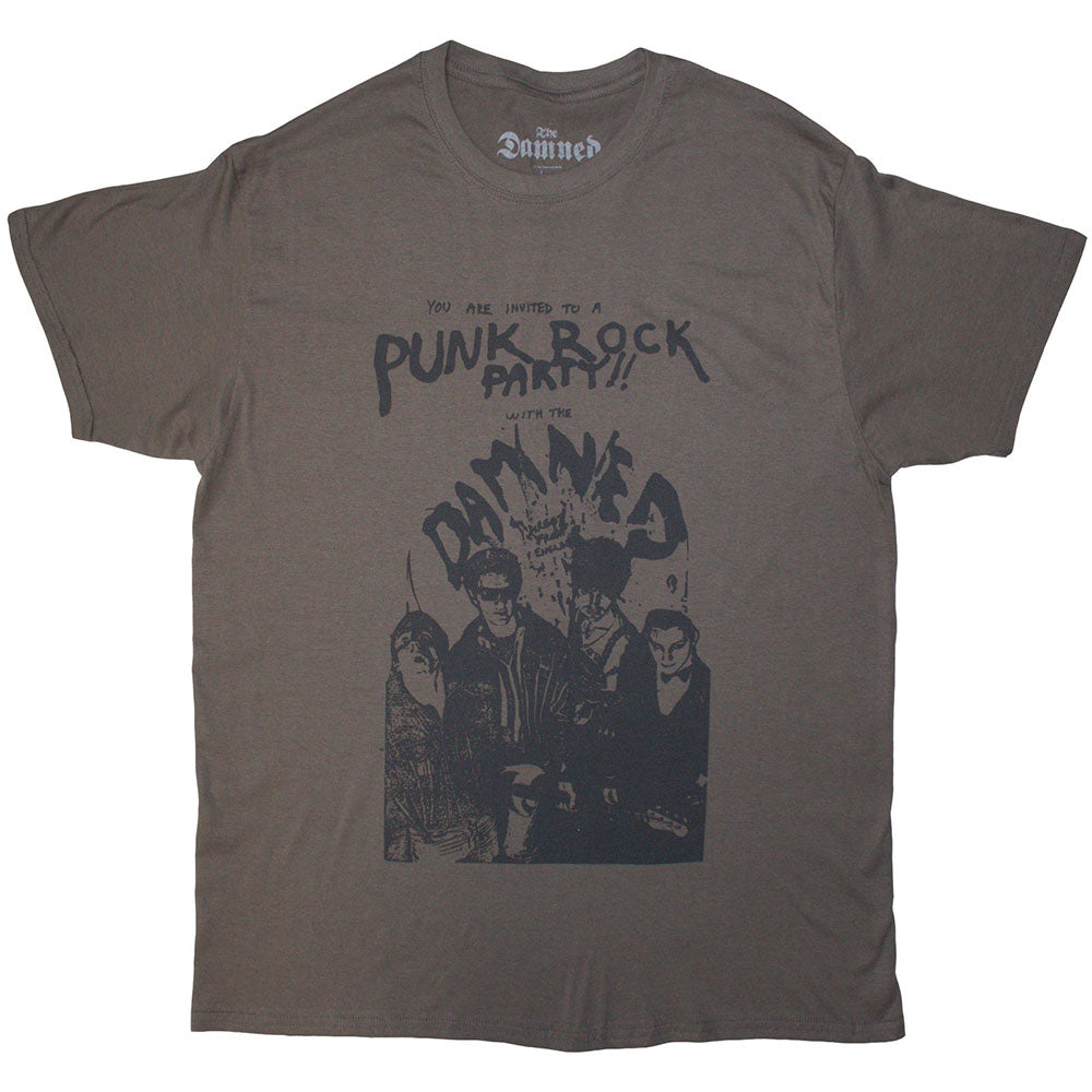 Grey unisex t-shirt with a vintage-style The Damned party flyer graphic print.