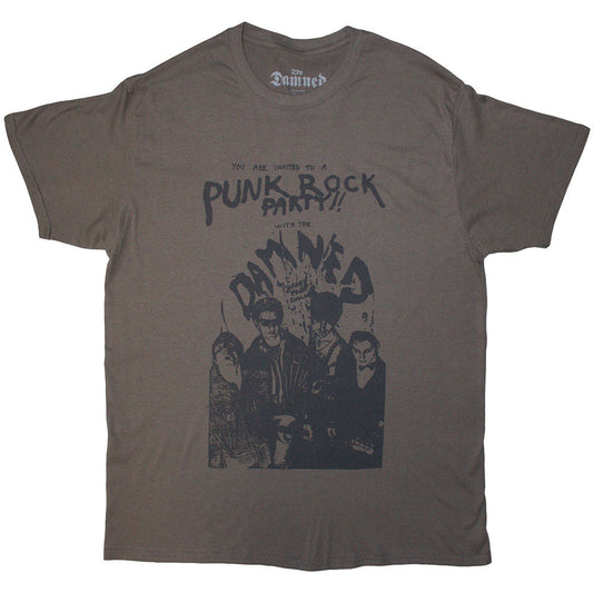 Grey unisex t-shirt with a vintage-style The Damned party flyer graphic print.