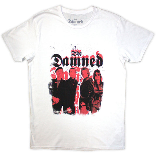 White t-shirt with The Damned band’s repeat logo photo print, size XX-Large.