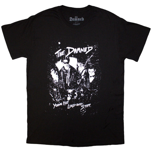 Black t-shirt with white text reading "Young Hot Loud & Stiff", size XX-Large.