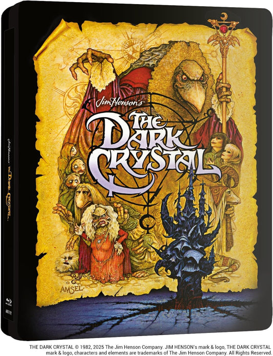 The Dark Crystal steelbook cover featuring fantasy characters and a dark, jagged crystal structure.