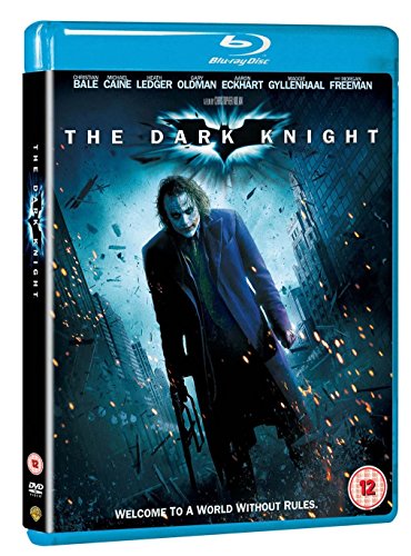 The Dark Knight Blu-ray cover featuring the Joker standing amidst a chaotic city scene.