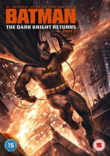 Batman swings from a rooftop in a fiery, illustrated DVD cover.