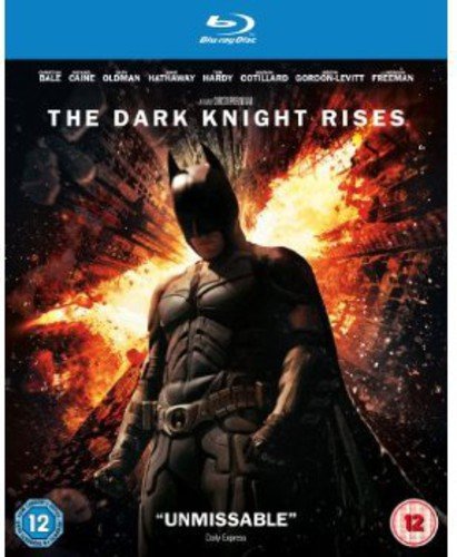 Blu-ray cover for "The Dark Knight Rises" featuring Batman against a fiery backdrop.