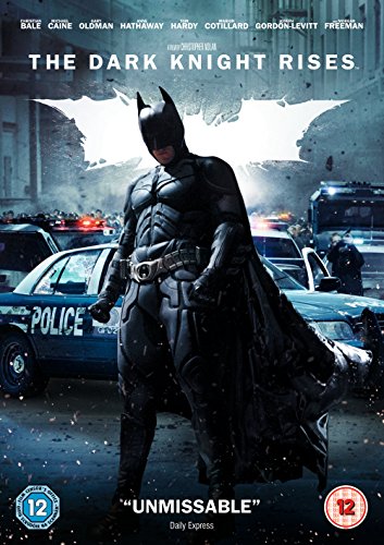 Batman stands in front of a police car on The Dark Knight Rises DVD cover.