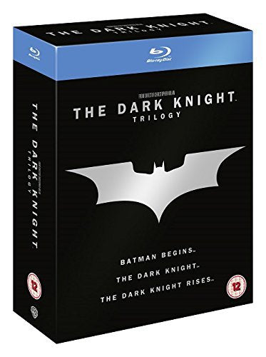 Black Blu-ray case for "The Dark Knight Trilogy" featuring the Batman logo.