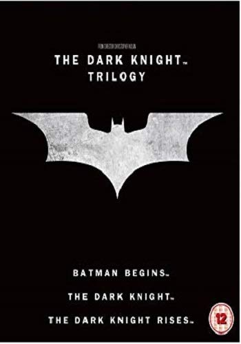 Black DVD cover with Batman logo and film titles: Begins, Dark Knight, Rises.