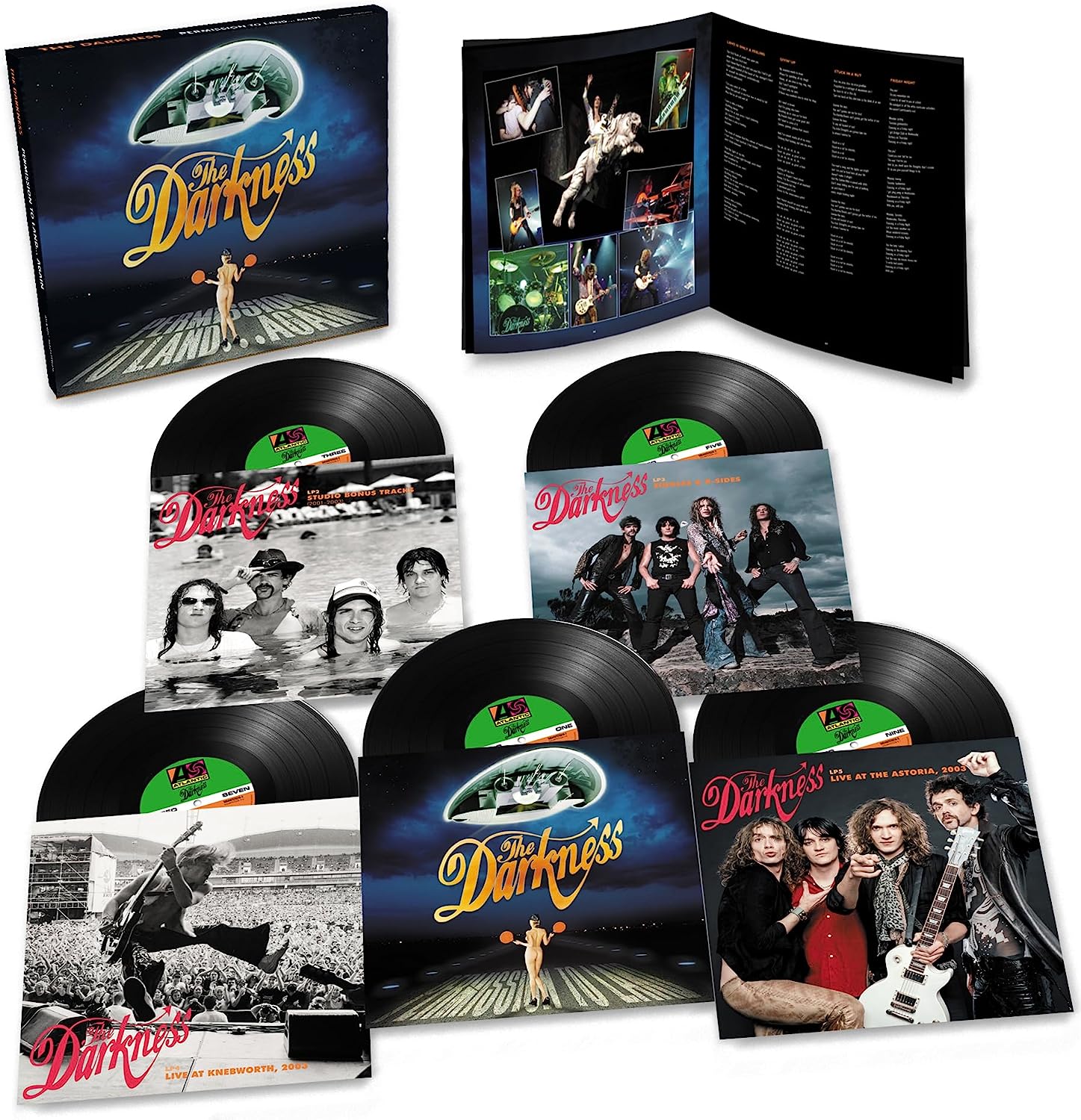"Box set of vinyl records with various covers featuring The Darkness band."