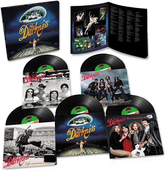 "Box set of vinyl records with various covers featuring The Darkness band."