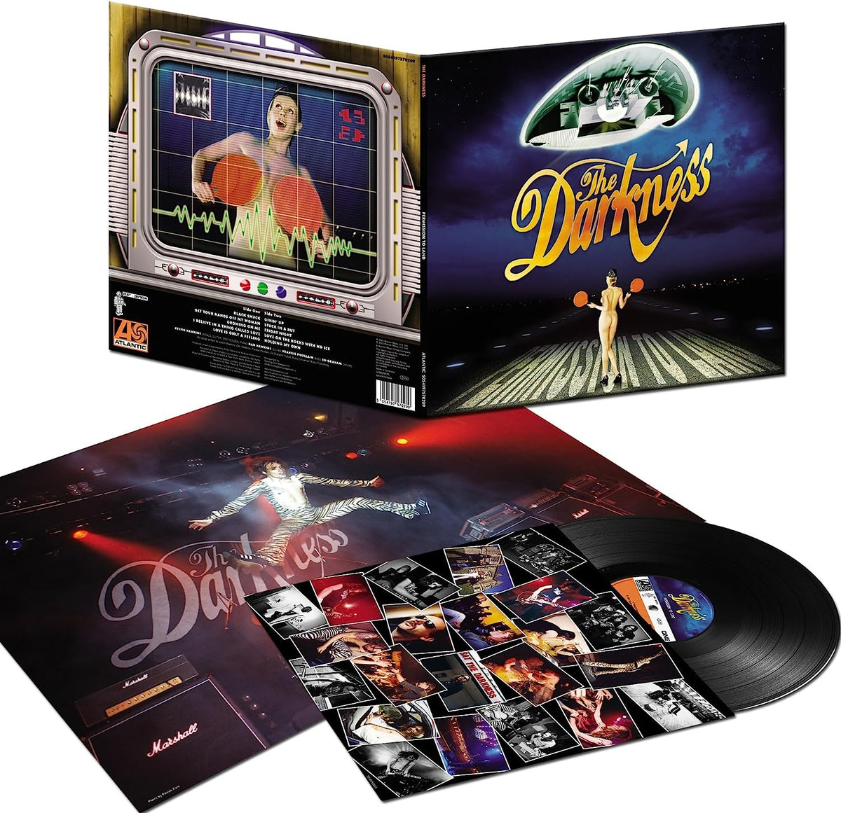 "The Darkness vinyl record album packaging with cover art, sleeve, and photos."