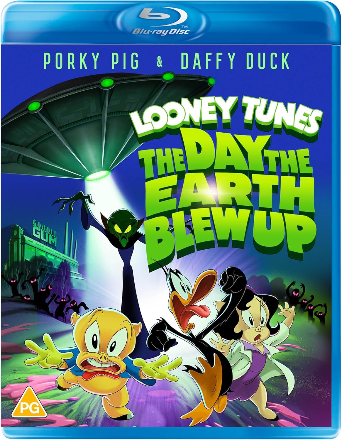 Blu-ray cover art featuring Porky Pig, Daffy Duck, and Petunia Pig fleeing an alien spaceship.