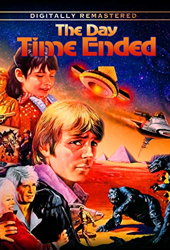DVD cover for "The Day Time Ended" featuring children, spaceships, and dinosaurs.