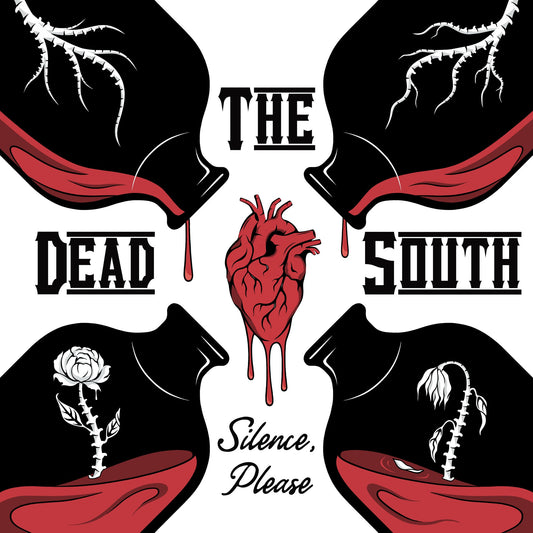 Album cover for The Dead South: "Silence, Please" with hearts and flowers.