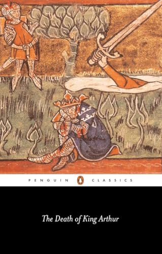 Book cover: Dying King Arthur held by a figure, medieval illustration.