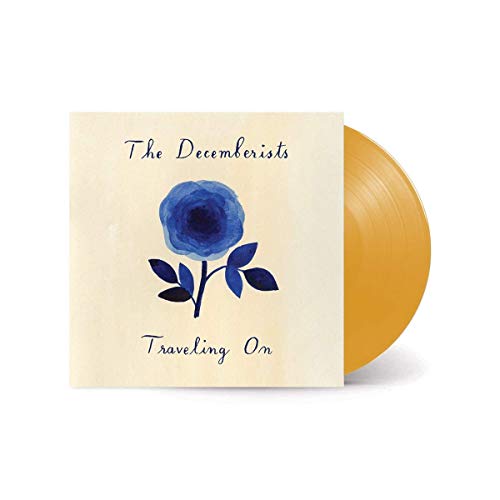 The Decemberists" album "Travelling On" CD with blue flower and gold disc.