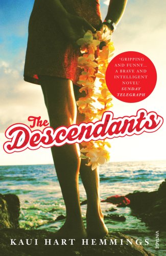 Book cover: "The Descendants" with a woman holding yellow flowers by the ocean.