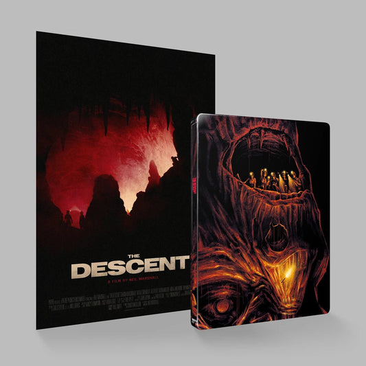 The Descent movie poster and steelbook case featuring cave explorers in a dark cavern.