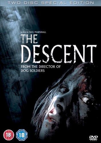 "The Descent DVD cover featuring a woman's face with blood, against a dark background."