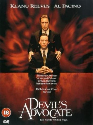 DVD cover for The Devil's Advocate featuring Keanu Reeves and Al Pacino against red background.
