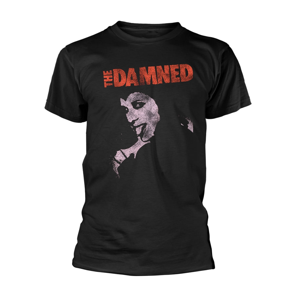 Black t-shirt with red and white graphic of a face and text.