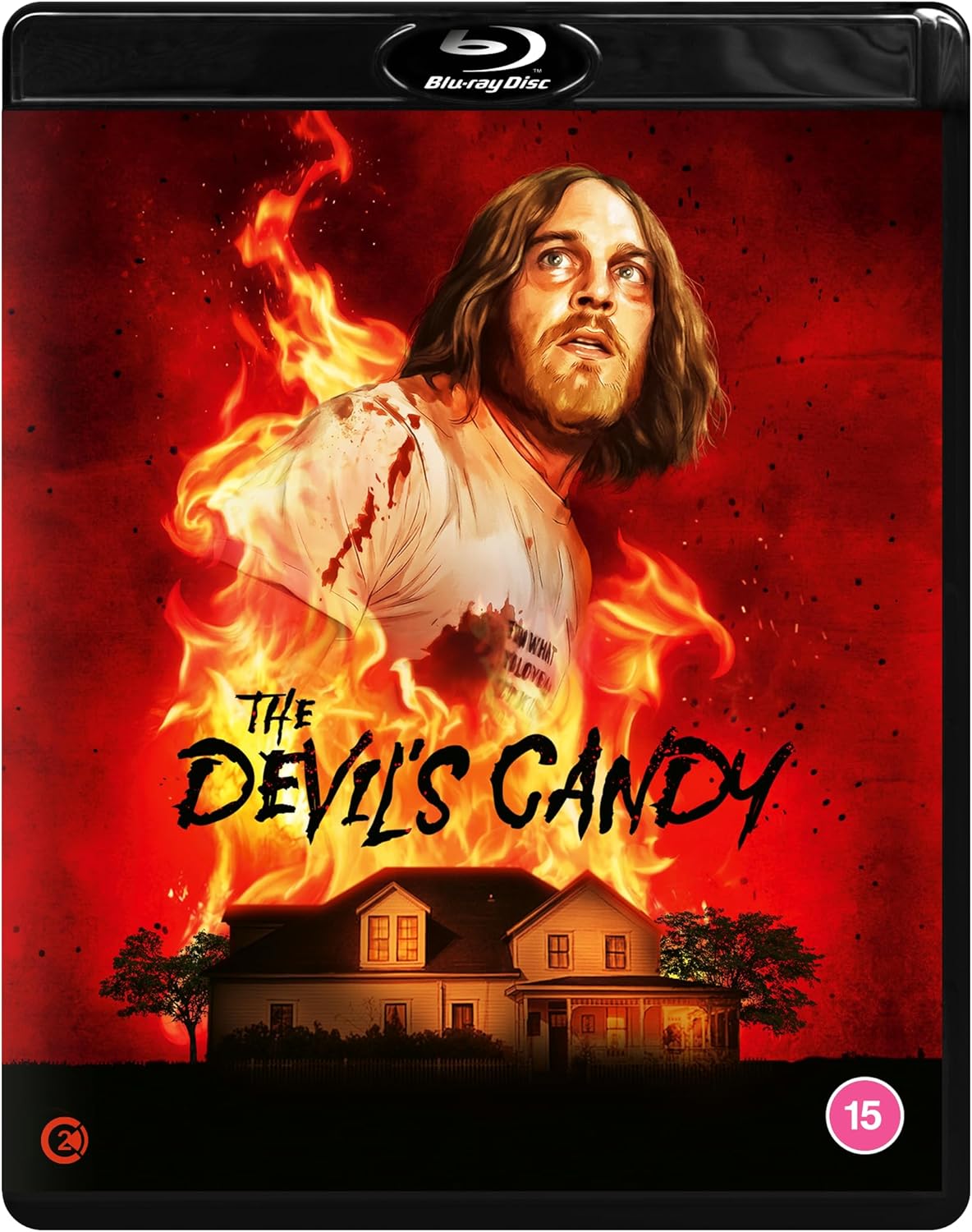 Blu-ray cover for horror film "The Devil's Candy" featuring a man and burning house.