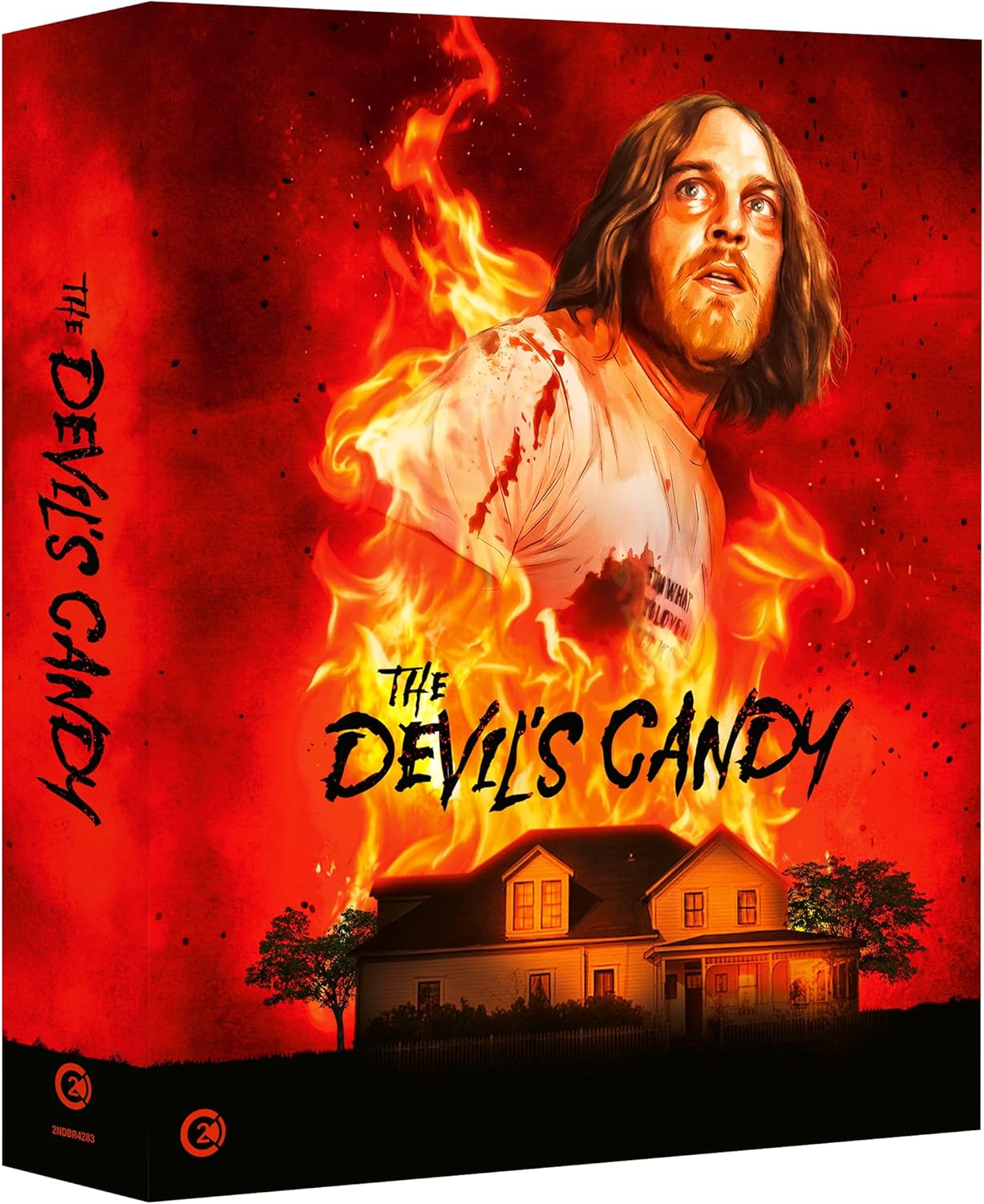 A man with long hair stands above a burning house on a red background.