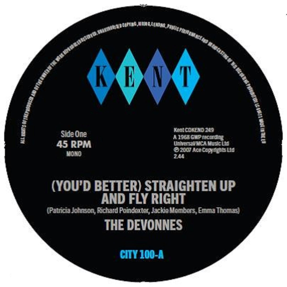 Black vinyl record label with blue diamond-shaped "KENT" logo and song titles.