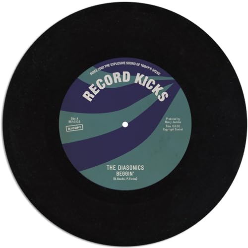 Black vinyl record label with turquoise and purple wave design, text details.