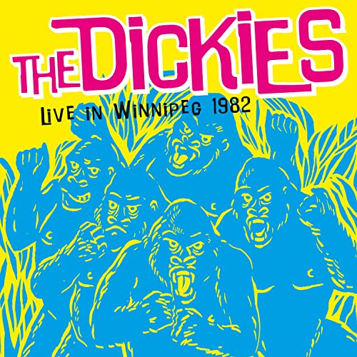 Blue illustration of a crowd with raised hands, album cover for The Dickies.