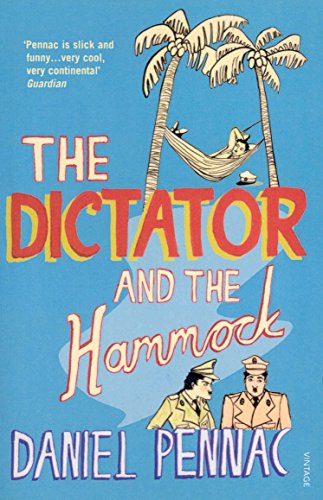 Book cover: “The Dictator And The Hammock” with palm trees and soldiers.