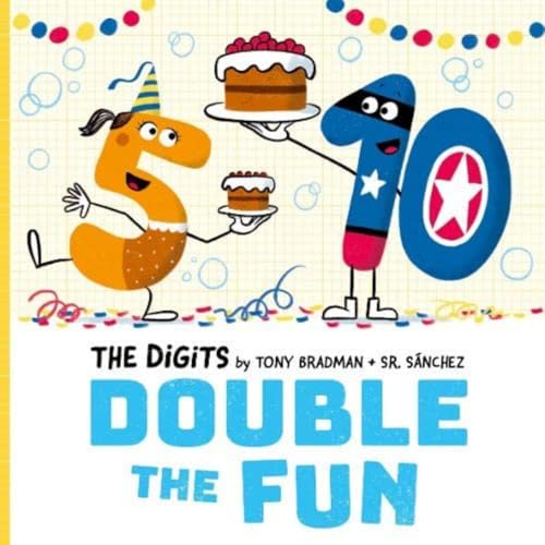 Cartoon numbers 2 and 10 celebrating with cakes and party decorations.
