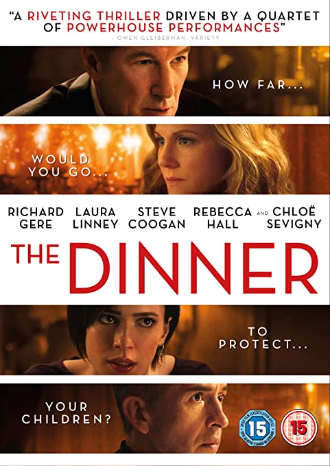 "The Dinner DVD cover featuring close-ups of actors' faces with a thriller tagline."