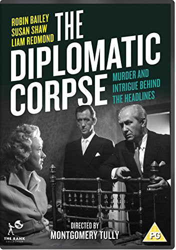 DVD cover for "The Diplomatic Corpse" featuring three people in formal attire.