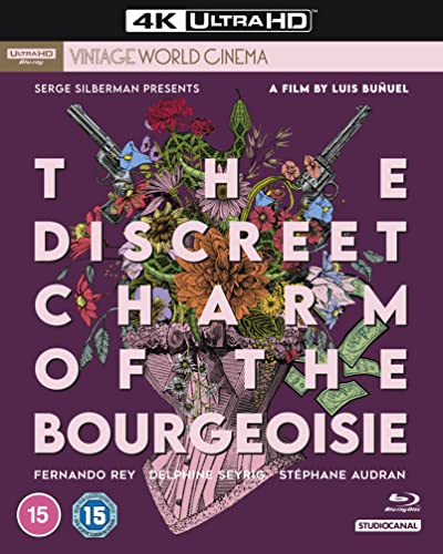 Blu-ray cover art featuring flowers, two revolvers, and a corset on a purple background.