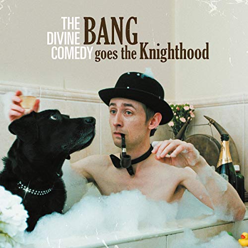 Man in a bathtub with a dog, wearing a hat and smoking a pipe.