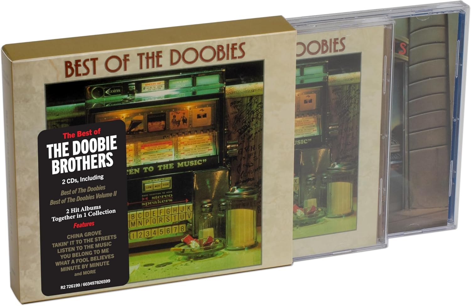 The Best of The Doobie Brothers two-CD collection in a slipcase with jukebox imagery.