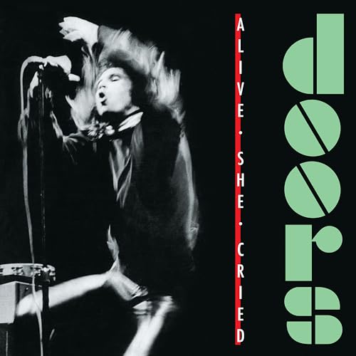 Black and white album cover featuring Jim Morrison performing with band logo.