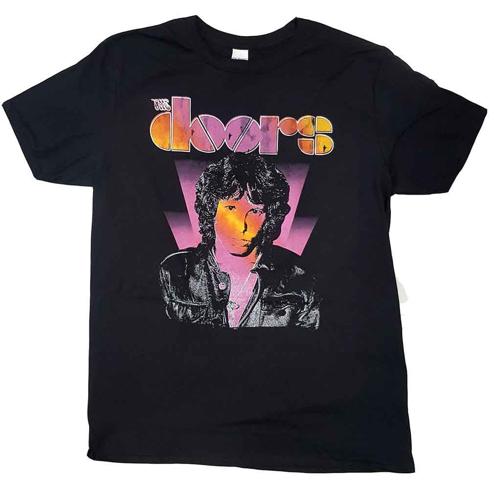 A man wearing a black t-shirt featuring a graphic of Jim Morrison and The Doors.