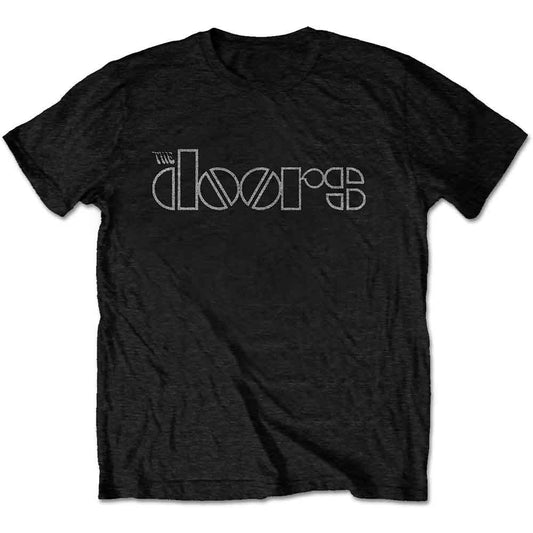 Black short-sleeved t-shirt with a white The Doors band logo on the chest.