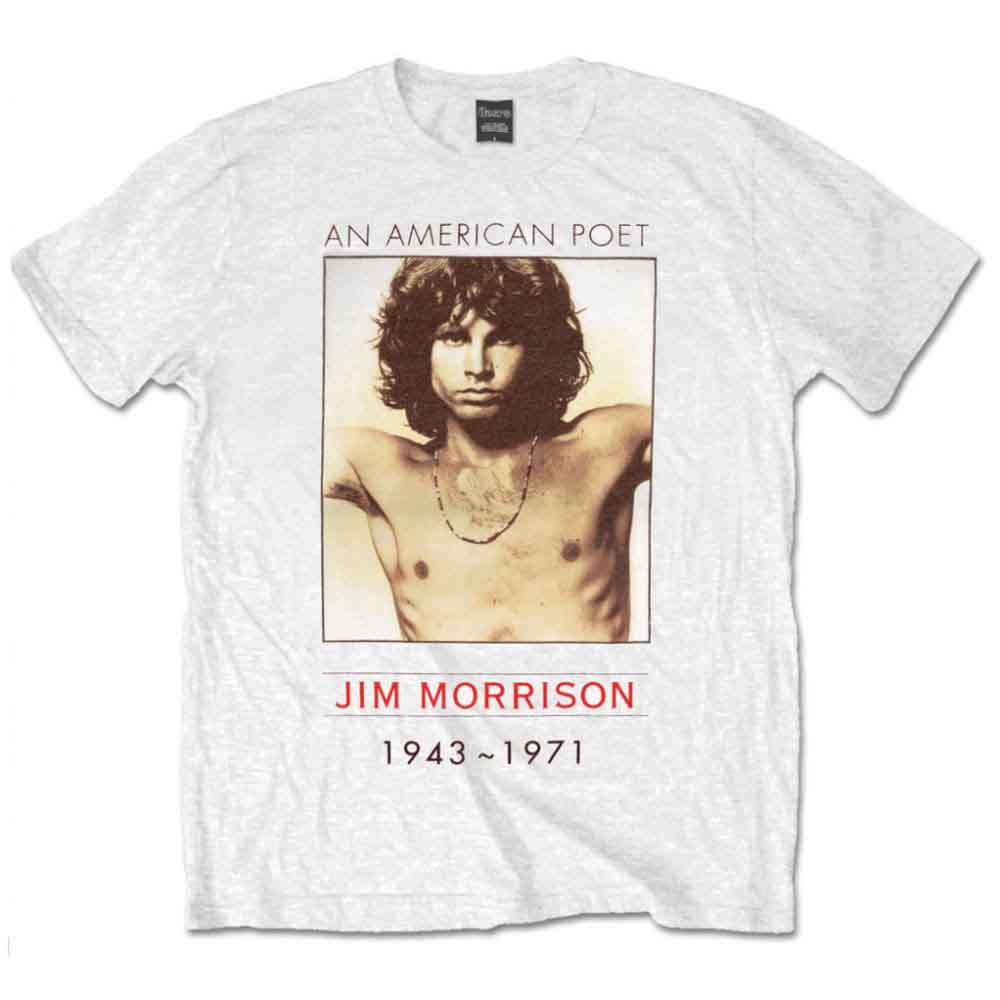White t-shirt featuring a portrait of Jim Morrison with text below.