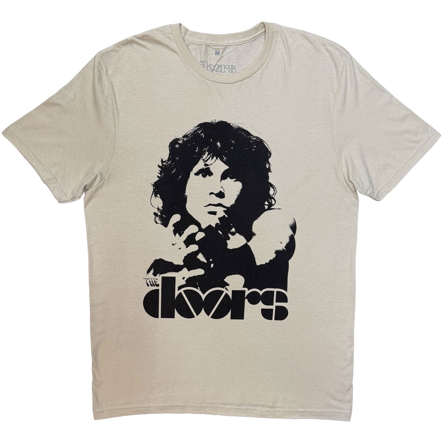 Beige short-sleeve t-shirt with a black Jim Morrison portrait and The Doors logo.