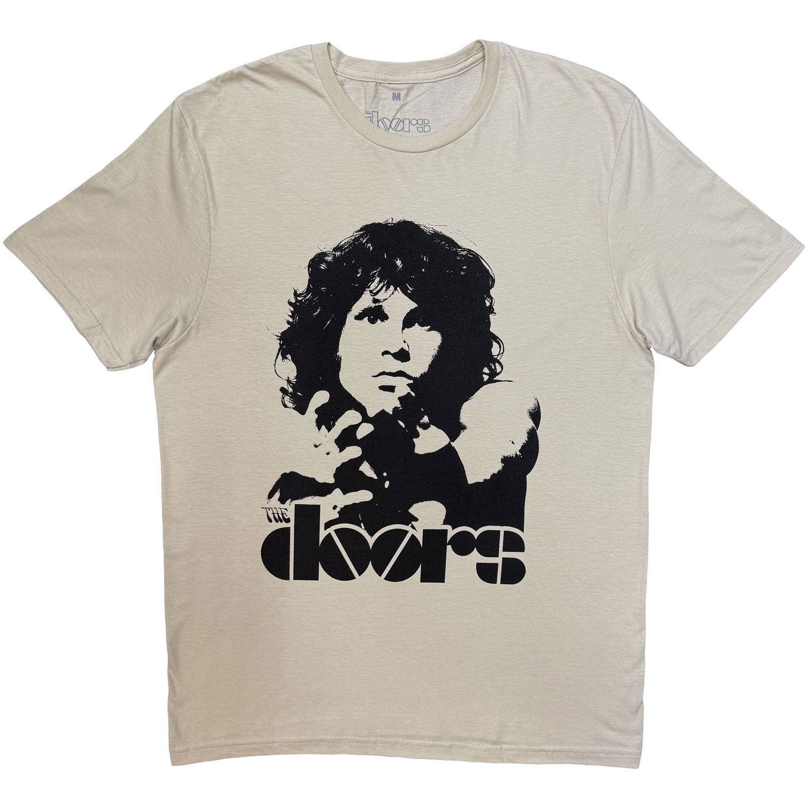 Beige short-sleeve t-shirt with a black Jim Morrison portrait and The Doors logo.