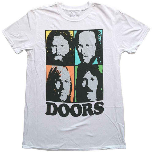 White t-shirt with a colorful four-panel portrait of The Doors band members.