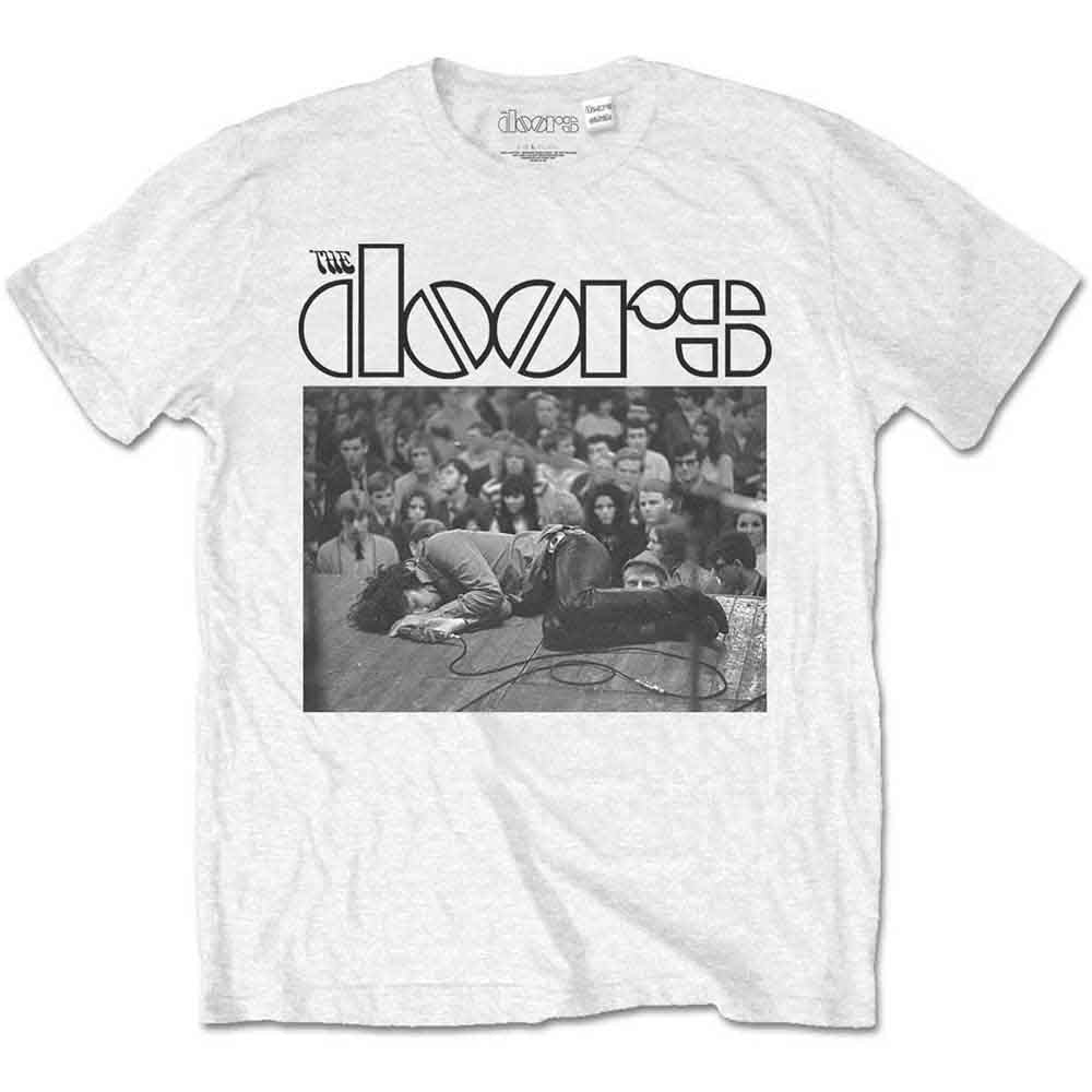 White t-shirt with black and white image of Jim Morrison on stage.
