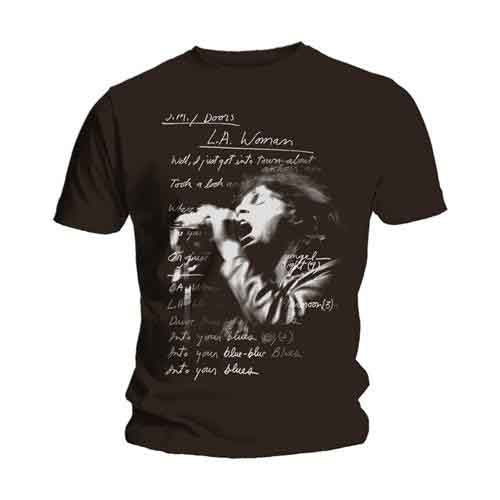 Black t-shirt with a graphic of Jim Morrison and "L.A. Woman" lyrics.