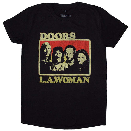 A man wears a black t-shirt featuring The Doors band members and LA Woman text.